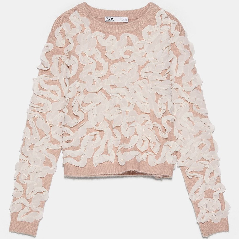 ZARA RIBBON ORGANZA CHIFFON DUSTY PINK KNIT CONTRASTING TRIM SWEATER $69.90 - Picture 2 of 14